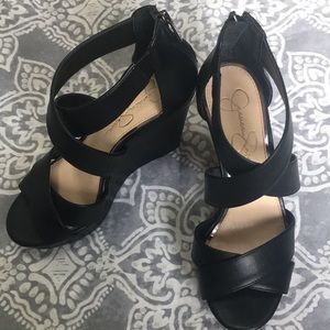 Jessica Simpson black leather wedge sandals
